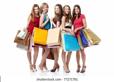 Five Attractive Young Women With Shopping On White Background