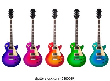 Five beautiful electric guitars isolated on a white background