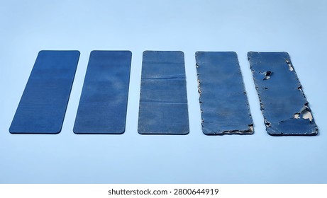 Five blue exercise mat sections lined up to demonstrate the progressive surface damage, from pristine condition to significant material fraying
