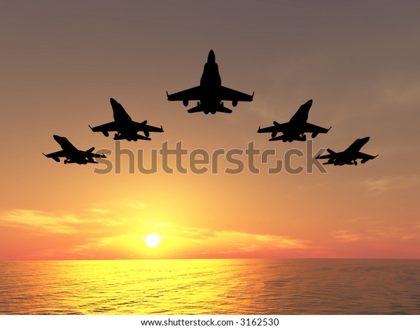 Five bombers over orange\
sunset
