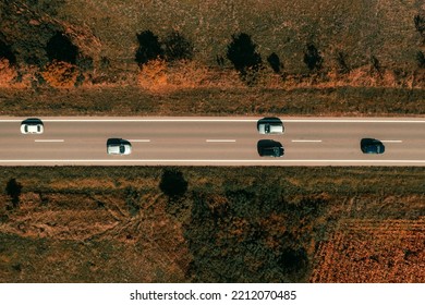 Five Cars On The Road, Aerial Shot From Drone Pov, Top Down Perspective