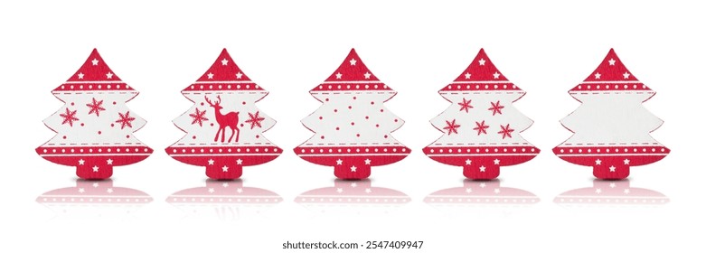 Five carved from wood and painted funny Christmas trees on white background. Happy New Year and Christmas greeting card concept. Isolate on white background with reflection and shadow - Powered by Shutterstock