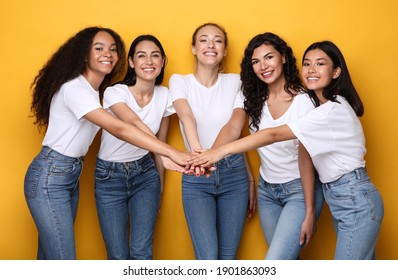 Five Cheerful Diverse Women Holding Hands Standing On Yellow Studio Background, Smiling To Camera. Female Unity And Friendship, Togetherness And Teamwork Concept - Shutterstock ID 1901863093