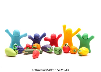 five cheerful plasticine guys happy with different types of healthy fruits and vegetables