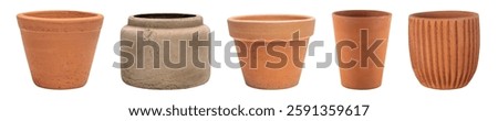Five clay pots in various shapes and textures. Terracotta and beige colors. Simple and rustic designs. Perfect for plants or decor. Clay pots for versatile use. Home decor element set isolated.