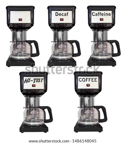 Five coffee makers with different labels. Isolated on white.