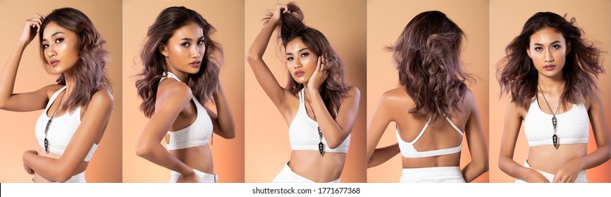 Five Collage Group Portrait Of Fashion Asian Woman Tan Skin Has Beautiful Purple Dying Curl Hair Style From Stylish. Girl Wears White Sport Bra  Over Beige Yellow Background Copy Space