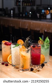 Five Colorful Gin Tonic Cocktails On Bar Counter In Pup