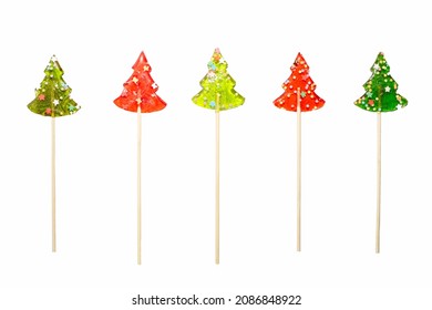 Five colorful lollipops in the shape of a Christmas tree on a white background. Isolate. Red and green lollipops. - Powered by Shutterstock