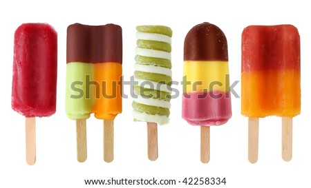 Five colorful popsicles isolated on white background