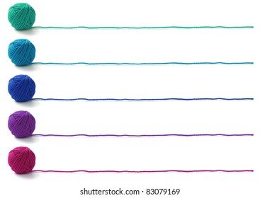 five colors of yarn balls , knitting banner design on white background