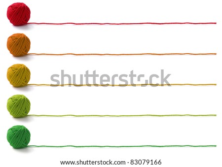five colors of yarn balls , knitting banner design on white background