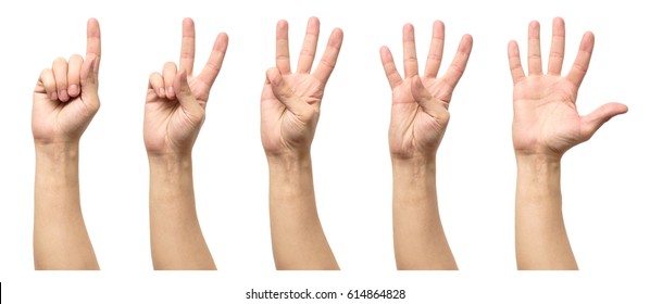 Five counting male hands isolated on white background