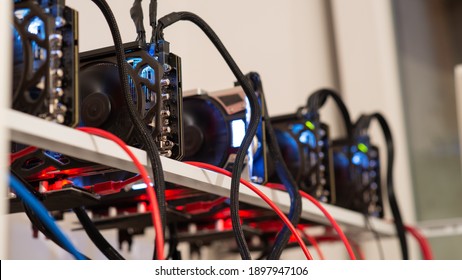 Five Crypto Currency Graphic Cards Mining Rig In A Conceptual Image Of Modern Technology And Earning.