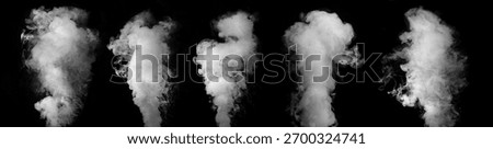 Five dense vertical white smoke or vapor plumes isolated against a black background. for digital overlays, textures, special effects, and graphic design.