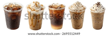 Five different iced coffee beverages are displayed in clear cups. Each drink has whipped cream on top, showcasing various flavors and syrups. Ideal for a hot day, they appear refreshing and delicious.