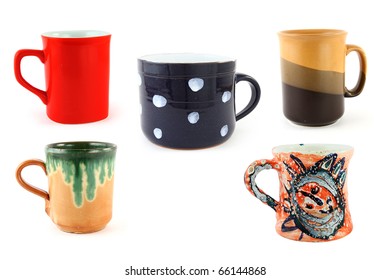 Five Different Mugs Isolated On A White Background