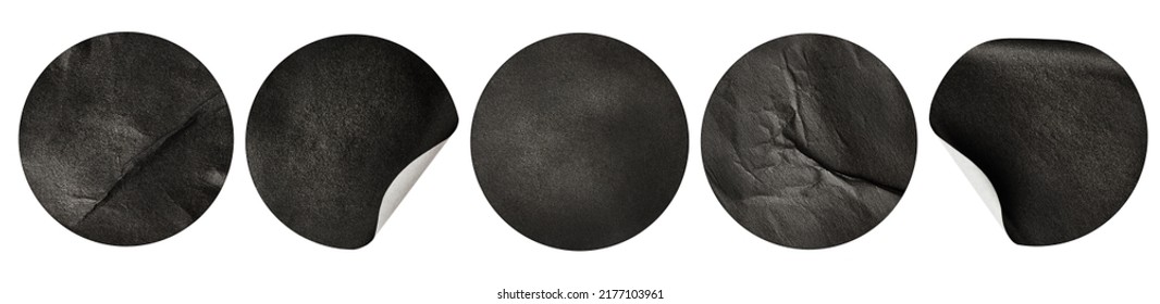 five different round black stickers in a row on a white isolated background - Shutterstock ID 2177103961