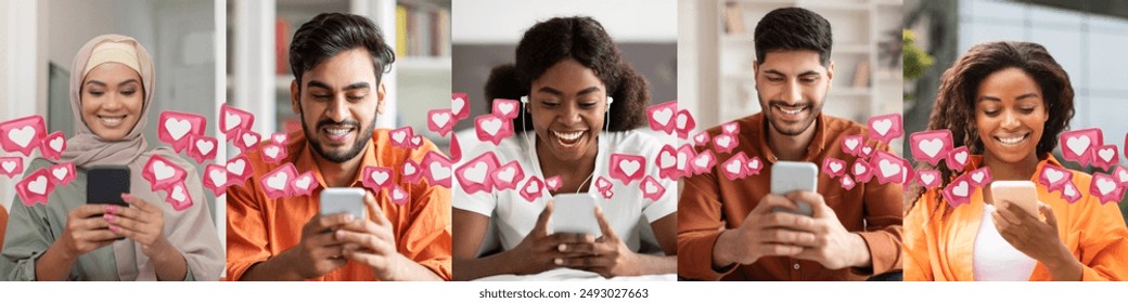 Five diverse individuals are smiling while using smartphones, surrounded by digital hearts representing likes or social media engagement. - Powered by Shutterstock