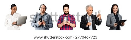 Five diverse individuals using tech devices, including laptops and smartphones, against a white background, showcasing modern connectivity.