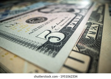 Five Dollar Banknote. American Money. Macro Shot. World Wide Money