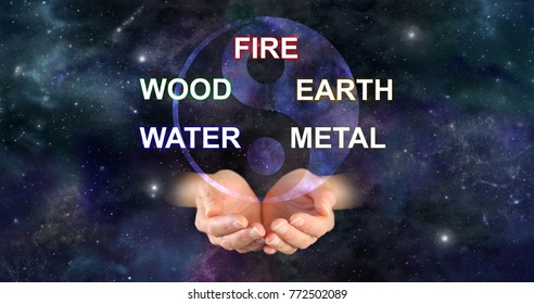 The Five Elements of Traditional Chinese Medicine -  yin yang symbol above a pair of cupped hands and the words FIRE WOOD EARTH WATER METAL against a deep space background
