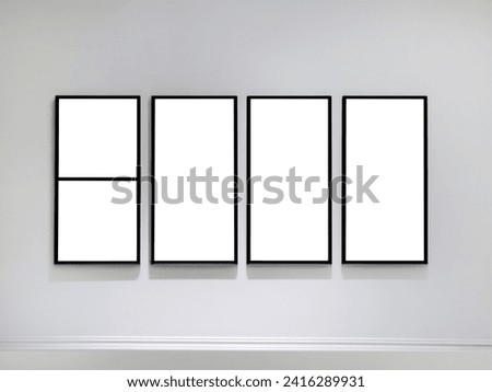 Five empty vertical and rectangular picture frames hanging on white wall, Wall art mockup set of 5 posters, blank space frame modern interior style, minimalist with clipping path