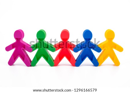 Five figures of men are holding hands. Multicolored on a white background. Business concept idea, teamwork, creativity, innovation. A group of people