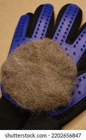 Five Finger Deshedding Glove And A Ball Of Cat Hair On A Light Brown Background