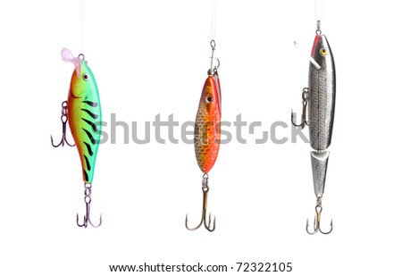 Five fishing lures -floating wobblers hanging in front of white background Stock photo © 