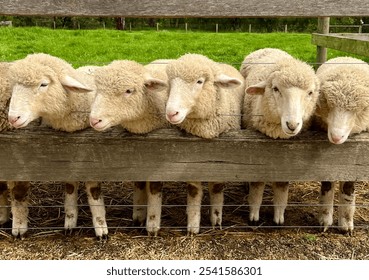 Five fluffy sheep peeking through a wooden fence on a farm, with a lush green field in the background. - Powered by Shutterstock