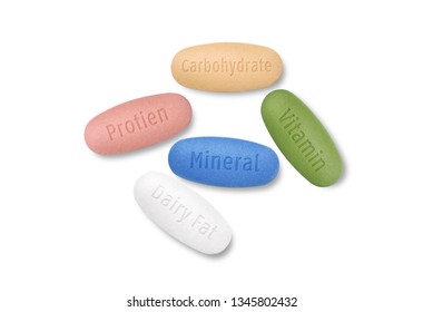 Five food groups nutrition capsules  isolated on white background.