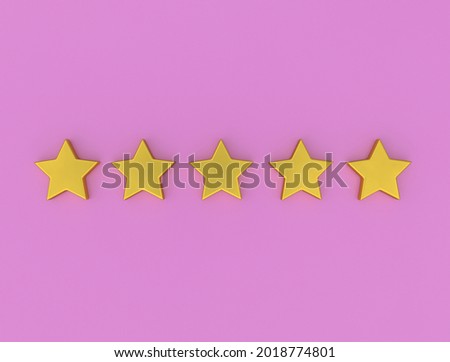 Five gold stars on a pink background. Five star rating. The status of the institution, hotel. Rating and evaluation concept