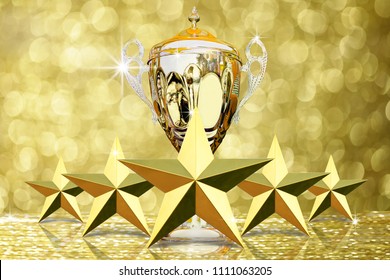 The Five Golded Star With Gold Trophy For The Winner Competition Ranking Level On Abstract Gold Bokeh Background 