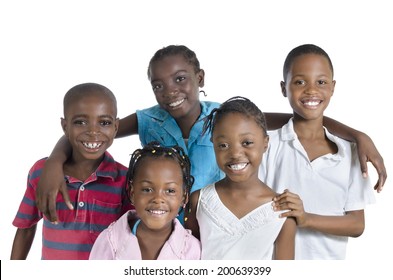 Five Happy African Kids Holding One Another, Studio Shot