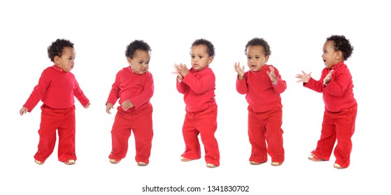 Five happy babies dancing and claping isolated on a white background