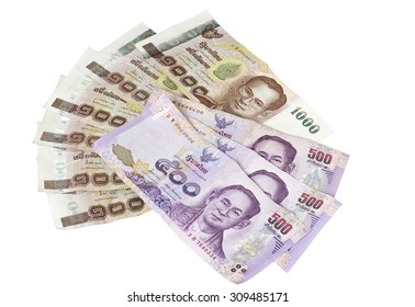 Five Hundred Baht To One Thousand Thai Bank Note Isolated On White Background.