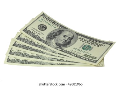 Five hundred dollar bills lying on a white background