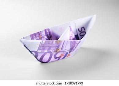 Five Hundred Euro Banknotes Boat over Grey Background