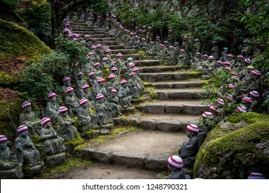 Five hundred rakan statues Nyorai's disciples line the stairs of Dasiho-in temple on Miyajima. Statues of guardian deity of children. - Powered by Shutterstock