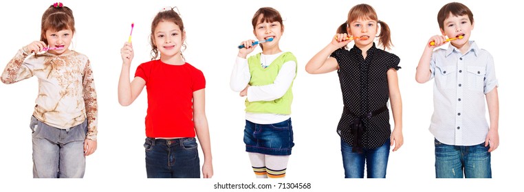 Five Kids Cleaning Teeth, Over White