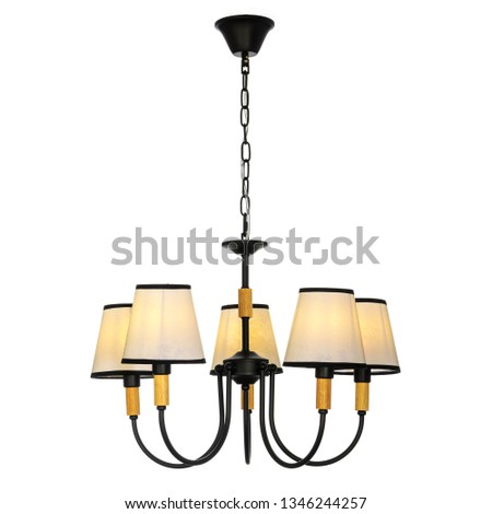 Five lampshade chandelier. Included ceiling light, isolated on white background