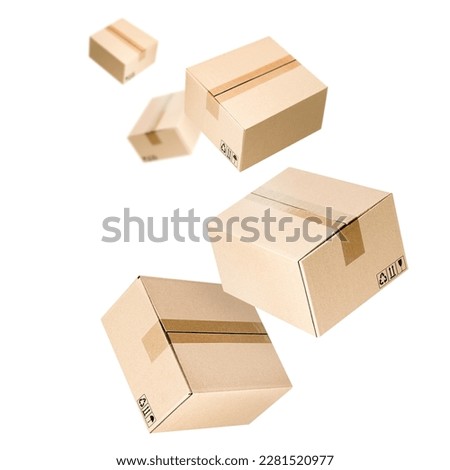 five levitating closed cardboard boxes on a white isolated background