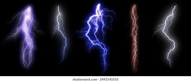 Five lightning bolt isolated on black background, showcasing nature raw power and atmospheric electricity. collection of five unique lightning strikes, each with its own shape and intensity