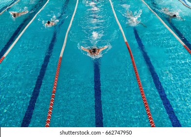 Five male swimmers doing the butterflies stroke while racing against each other in a swimming pool
