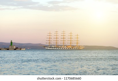 Five Masted Barquentine Moored On The Bay.