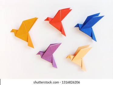 Five multi color Origami Birds are flying leading by an orange bird, isolated on white.
