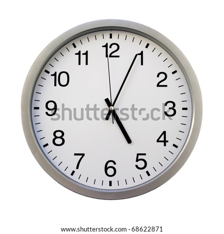 five o'clock on the white wall clocks (isolated)