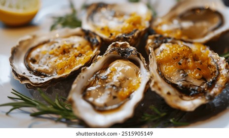 Five oysters with a yellow sauce on top. The sauce is made from butter and lemon juice. The oysters are arranged on a white plate with some herbs and lemon slices