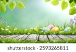 Five painted easter eggs celebrating a Happy Easter on a spring day with a green grass meadow, bright sunlight, tree leaves, cool colour background, copy space and a wooden bench to display products.